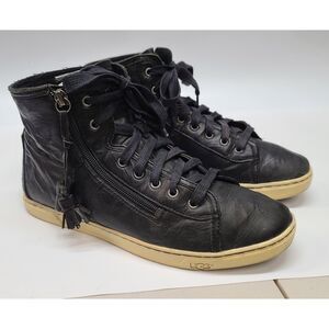 UGG Blaney Black Leather High Top Sneakers Side Zip Tassel Size 10 Fashion
